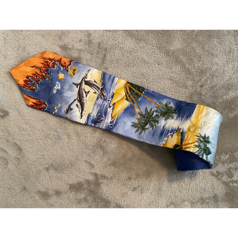 Tango by Max Raab Tie Blue Dolphin Tropical Island Silk Novelty Nautical Coastal